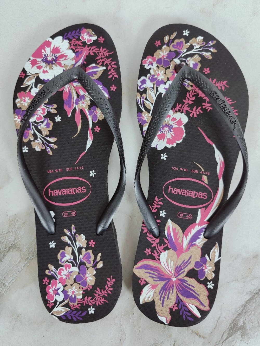 NWT Havianas Women's Slim Organic Flip Flops Black Floral, Sz 9/10